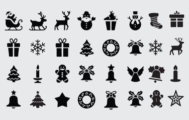 Obraz premium Holiday Christmas Vector Icon Set and Winter Icon Set. Flat design icons featuring festive elements and winter themed items. Design for banner, greeting card, invitation, poster, and print