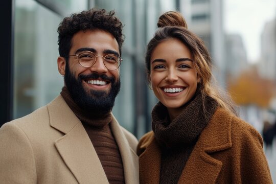 Cheerful multiethnic coworker on street Young smiling diverse woman and man in elegant clothes smiling cheerfully while chatting and walking together against contemporary city, Generative AI
