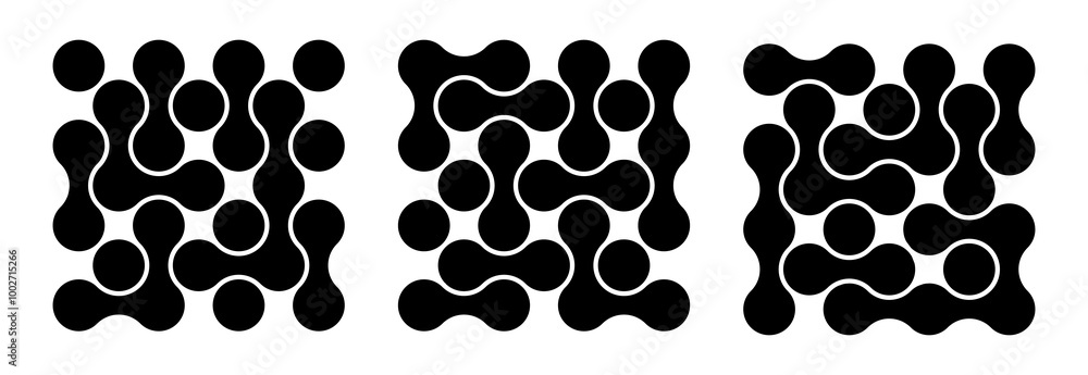 Wall mural set of background with black liquid connected circle dots.metaballs pattern on white. abstarct geome
