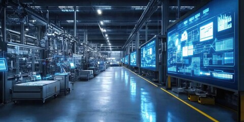 Modern Smart Factory with Digital Screens Displaying Real-Time Data