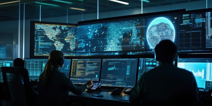 Team of Engineers Analyzing Data on Screens with AI Predictions in a Control Room