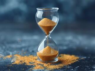 A close-up of a glass hourglass filled with golden sand, symbolizing the passage of time, Ideal for themes of time management, patience, or life transitions in articles, presentations, and designs,