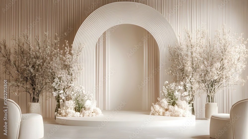 Poster minimalist style arch backdrop with simple yet elegant floral arrangements and ornamental displays c
