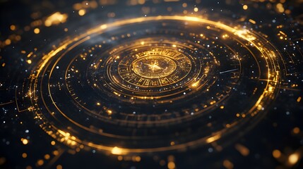 A circular timeline with ancient civilizations and modern events flowing seamlessly in a loop, connected by golden lines to represent the cyclical nature of history. Historical, Gold accents