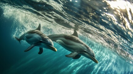 Fototapeta premium A close-up of a wave with dolphins visible beneath the surface, their shapes adding a sense of life and movement to the scene