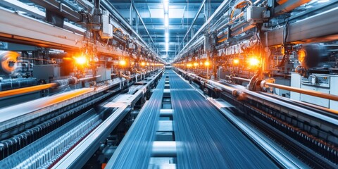 Fototapeta premium Textile Factory with Machines Weaving Fabric