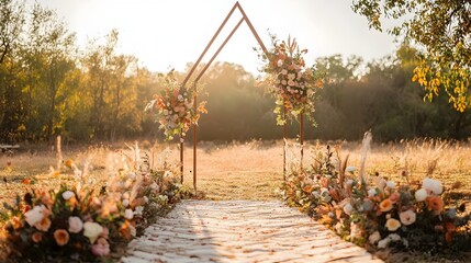 Geometric arch shaped backdrop adorned with vibrant floral arrangements for a modern rustic inspired outdoor wedding ceremony