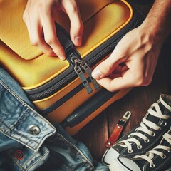 Zipper on suitcase. Zipping closing yellow travel luggage. Unrecognizable fingers pull zipper tab. Packing bags journey, adventure and fascinating exploration. Vacation dreams, preparation for travel.