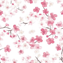 Beautiful watercolor cherry blossom pattern with delicate pink flowers and branches on a white background, perfect for spring designs.