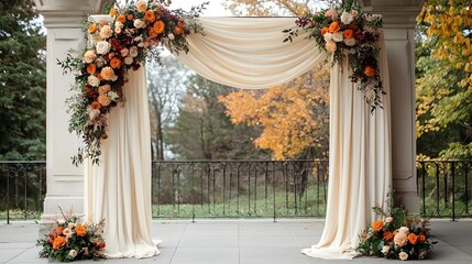 Beautifully crafted fabric draping arch backdrop with vibrant floral and foliage arrangements creating a stunning and personalized look for any event or an intimate wedding elegant party