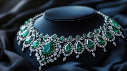 Obraz premium A stunning emerald and diamond necklace displayed on a soft, dark background, This image is perfect for luxury jewelry marketing, fashion blogs, and online shops focusing on elegant accessories,