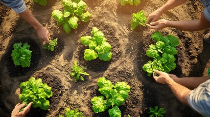 A community garden in a circular design, with gardeners planting seeds, pulling weeds, and harvesting crops. The vibrant green plants contrast with the rich brown soil, under a clear sky.