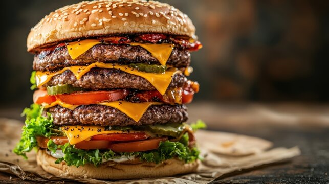 A tall stack of juicy fast food burgers with sesame buns, cheese, and vegetables, ready for a delicious bite.