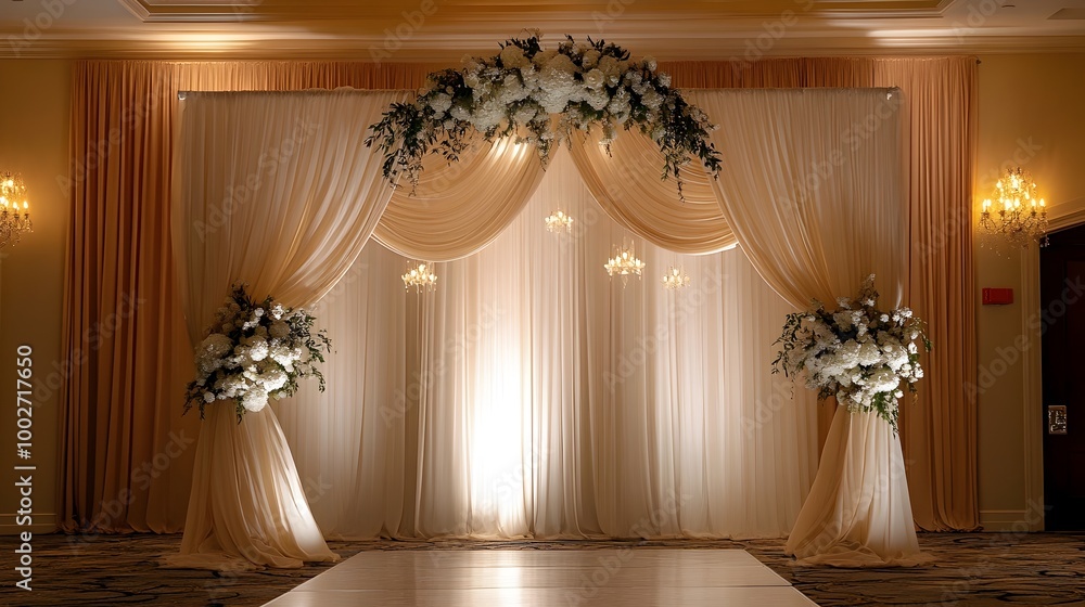 Aufkleber luxurious custom designed arch backdrops with drapery floral arrangements and lighting elements to c