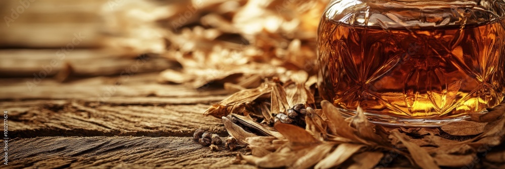 Poster A close-up view of a whiskey bottle resting on a rustic wooden table surrounded by dried leaves and spices in warm light. Generative AI