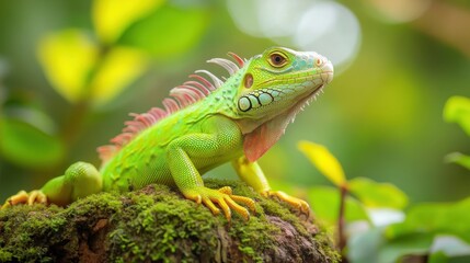 Fototapeta premium A vibrant green iguana basking in sunlight on a moss-covered rock in the jungle