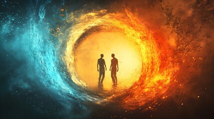 Fototapeta premium A conceptual illustration of a circle of figures, each dissolving and reforming, representing the endless loop of birth, death, and rebirth, with fiery and watery elements merging. Symbolism