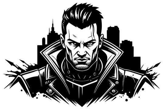 guy with a raincoat with a high collar in cyber punk style