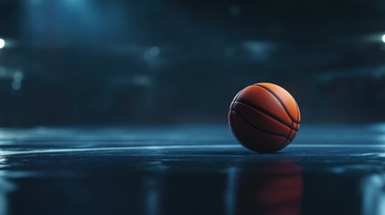 Basketball Resting on Dark Court Background for Sports and Marketing Use