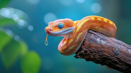 Obraz premium An Amazon tree boa coiled around a branch, its scales glistening