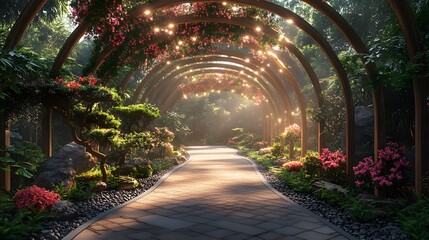 A curved walkway through a botanical garden, with rare bonsai trees and exotic flowers arranged along the path, framed by natural stone and wooden arches. Zen garden, Realism, Soft lighting