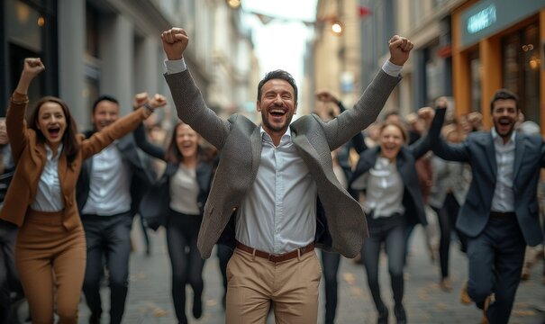 Multi-ethnic group of co-workers dancing funny on outdoor street. Happy satisfied business men and women with boss dancing on to rejoice corporate, Generative AI