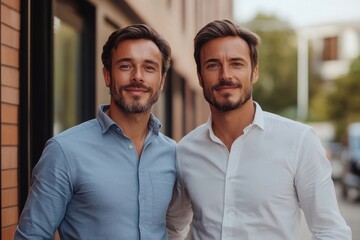 Fototapeta premium Portrait closeup of two professional businessmen partners shaking hands outside job center during working meeting, Generative AI