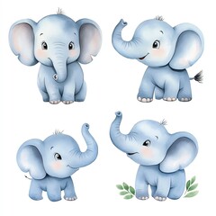 Obraz premium Cute blue cartoon elephants, white isolate background