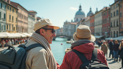 Senior Travelers Exploring Europe: Scenic Photography of Elderly Couples Enjoying City Adventures, Landmarks, and Cultural Tours on a European Vacation