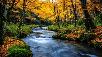 A serene autumn landscape with a flowing river and golden leaves.