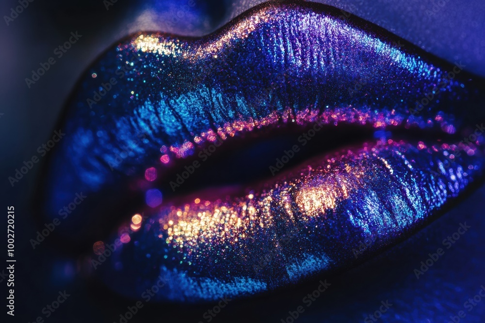 Poster glossy lips shimmering with vibrant colors and a shiny finish, captured in a striking close-up setti