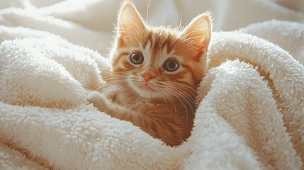 Adorable orange tabby kitten nestled in a cozy blanket.
