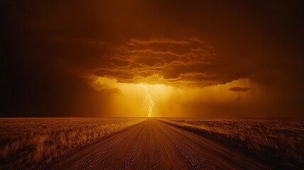 Dramatic stormy sky with lightning over an empty road
