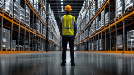 Warehouse worker surveying organized storage space