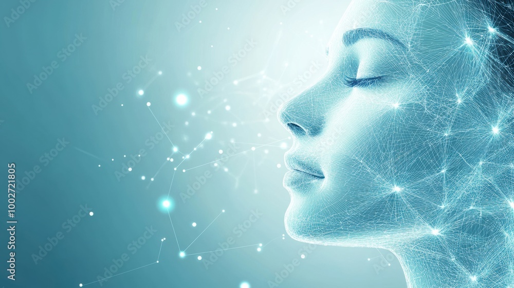 Poster Abstract lines and dots illustrating skincare procedure diagrams with a focus on facial aesthetics and analysis in a serene environment. Generative AI