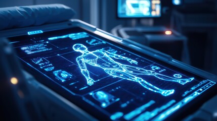 Futuristic medical display of human anatomy in a hospital setting