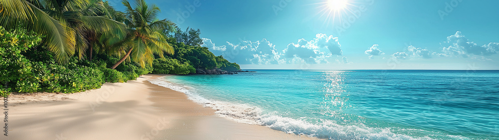 Wall mural a vibrant tropical beach with turquoise waters and white sands. bright green palm trees line the sho