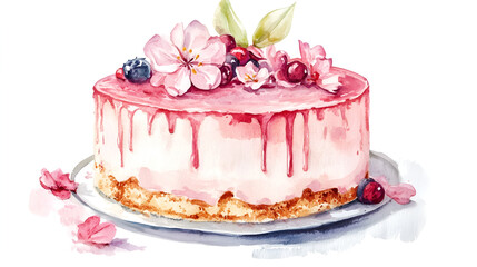 wedding cake on a stand, three tiers, pink with roses, made using watercolor technique. Holidays, Birthday,Weddings,Anniversary, delicate cake