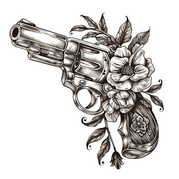 recommend clip art: Revolver flowers tattoo. Vintage pistol, isolated revolvers sketch retro gun drawing army firearm weapon western cowboy handgun antique shooter vector illustration
