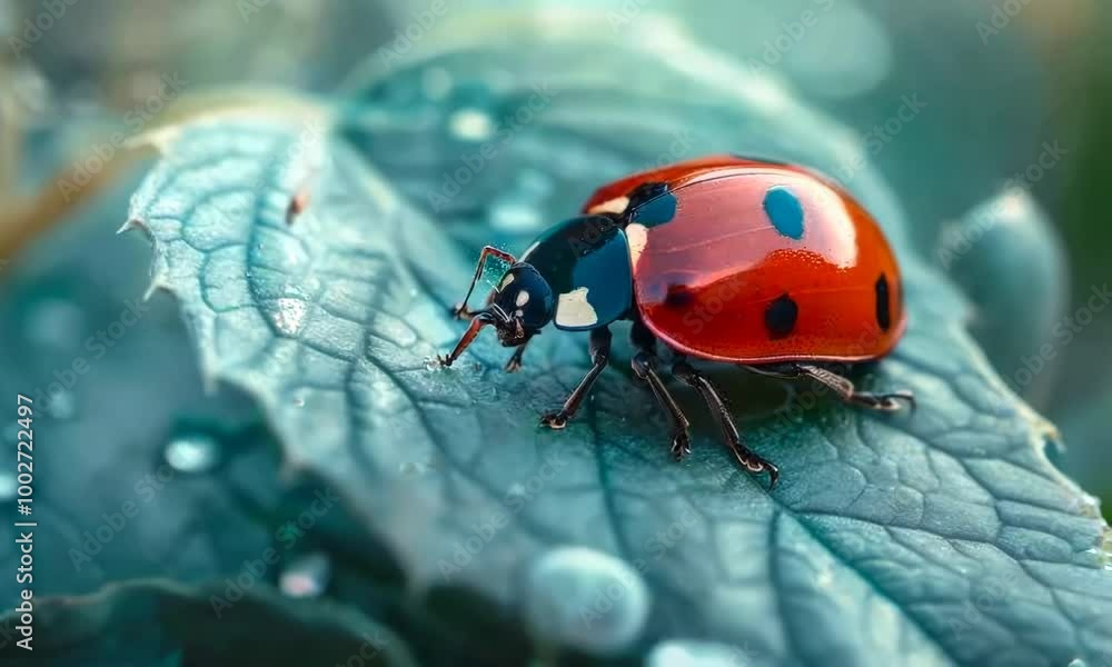 Poster ladybug is sitting on a leaf. the leaf is wet and the ladybug is red and black. hyperrealistic video