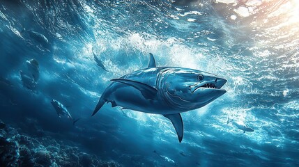 Fototapeta premium A majestic shark swimming through crystal-clear waters,showcasing its powerful form and natural beauty