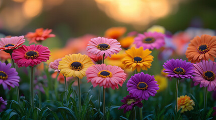 A colorful flower garden at sunrise with vivid pink, yellow, and purple blooms, bathed in warm sunlight. The scene is full of life, with the colors of the flowers popping against the greenery.