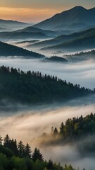 Fototapeta premium Panoramic landscape showcasing evening mountains covered in rich verdant forest