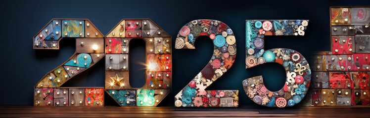 A creative collage forming the numbers 2025, composed of various colorful elements and materials, celebrating the new year.