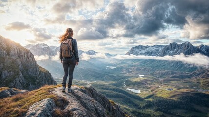 Woman hiking on scenic mountain trail, overlooking vast green valleys and distant peaks, for tourism and travel advertisement