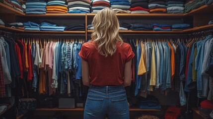 A woman stands in front of a closet full of clothes