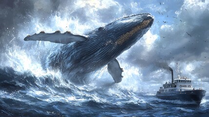 Fototapeta premium A majestic humpback whale breaches alongside a ship in a dramatic ocean setting.