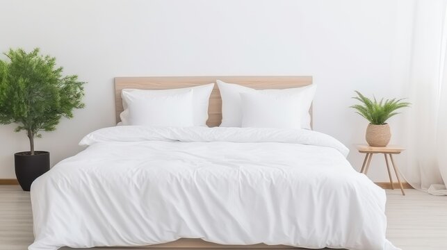 A neatly made bed with pristine white sheets and soft pillows promises comfort and relaxation in a serene bedroom setting.