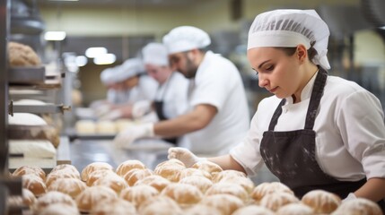 A young baker apprentice concentrates on baking fresh buns in a large, busy bakery kitchen, showcasing dedication and teamwork.