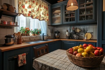 A classic kitchen featuring dark cabinets and a basket of apples on a checkered tablecloth near a sunny window